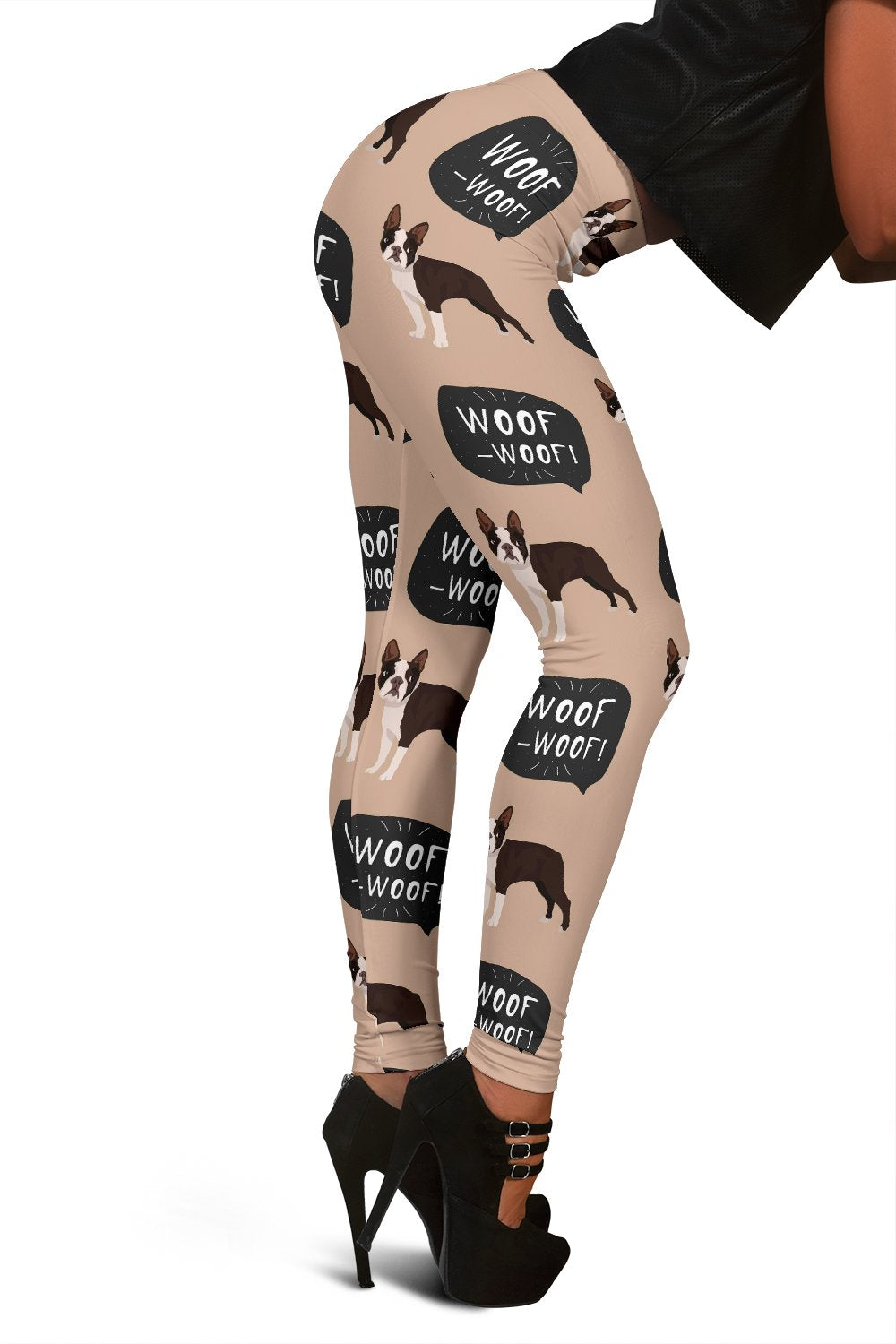 Woof Woof Boston Terrier Pattern Print Women Leggings-grizzshop