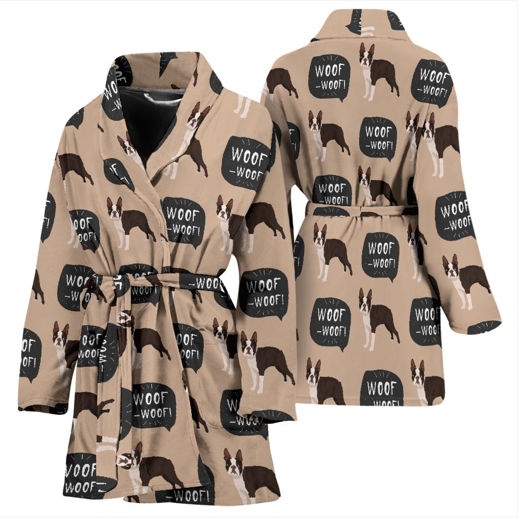 Woof Woof Boston Terrier Pattern Print Women Long Robe-grizzshop