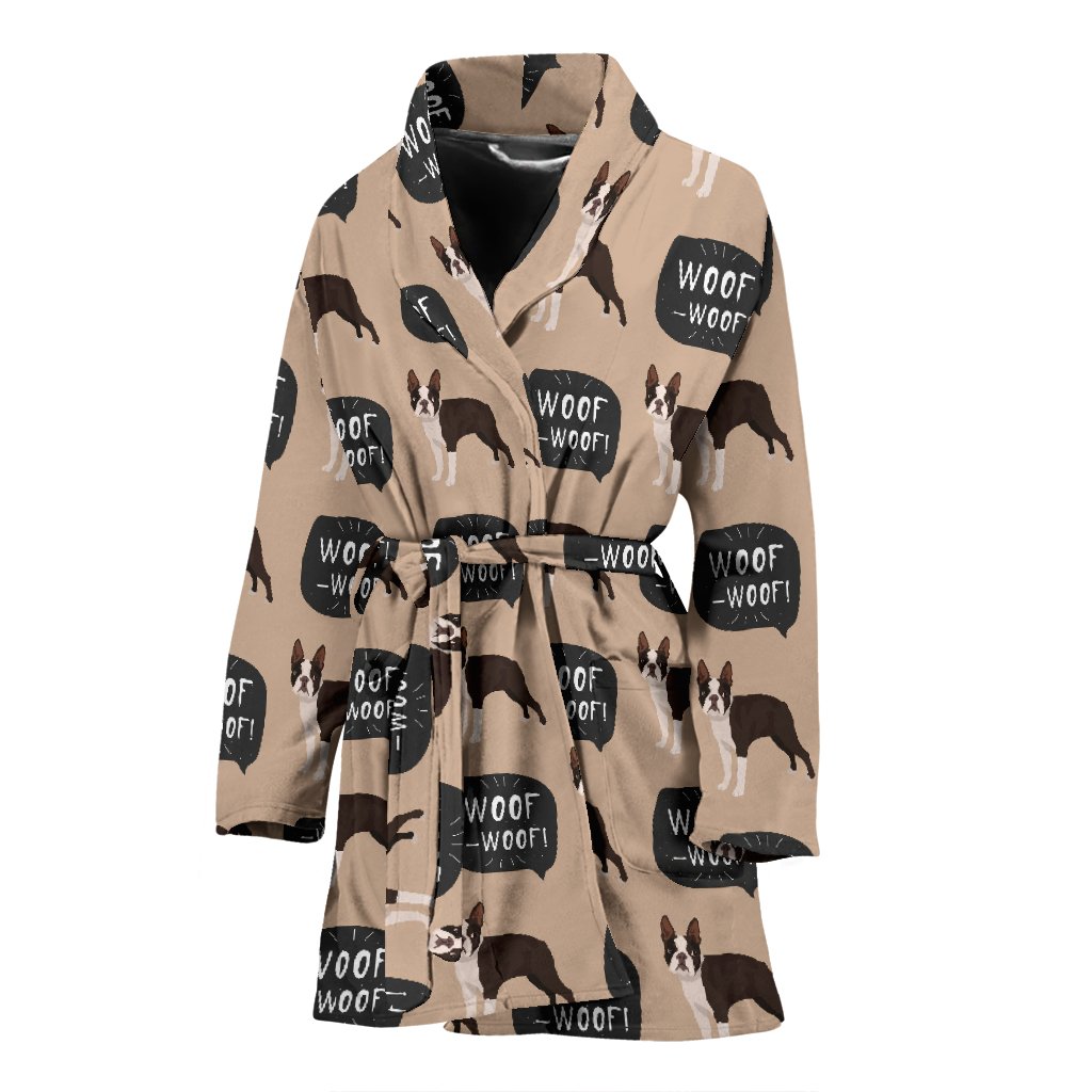 Woof Woof Boston Terrier Pattern Print Women Long Robe-grizzshop