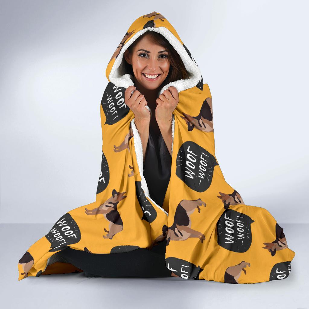 Woof Woof German Shepherd Pattern Print Hooded Blanket-grizzshop