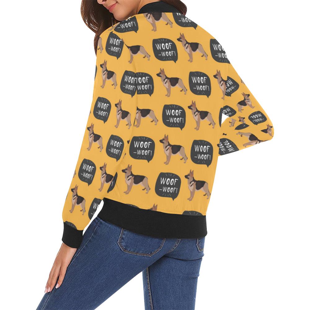 Woof Woof German Shepherd Pattern Print Women Casual Bomber Jacket-grizzshop