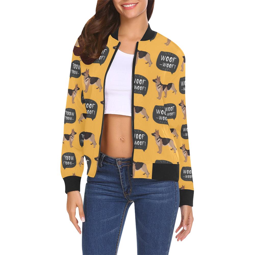 Woof Woof German Shepherd Pattern Print Women Casual Bomber Jacket-grizzshop