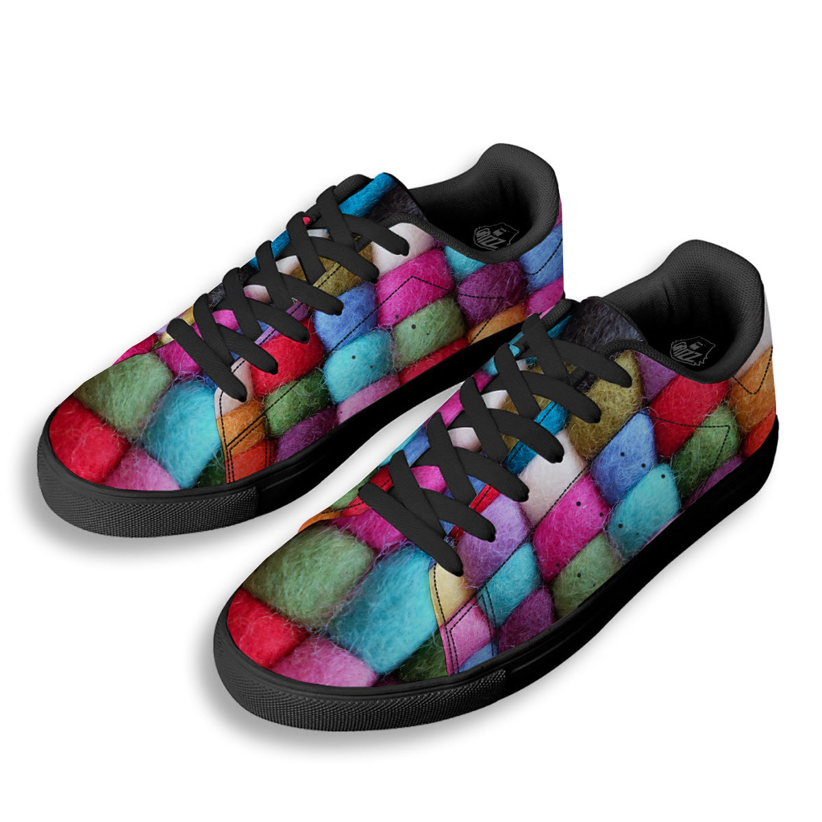 Wool Yarns Colorful Print Black Low Top Sneakers-grizzshop
