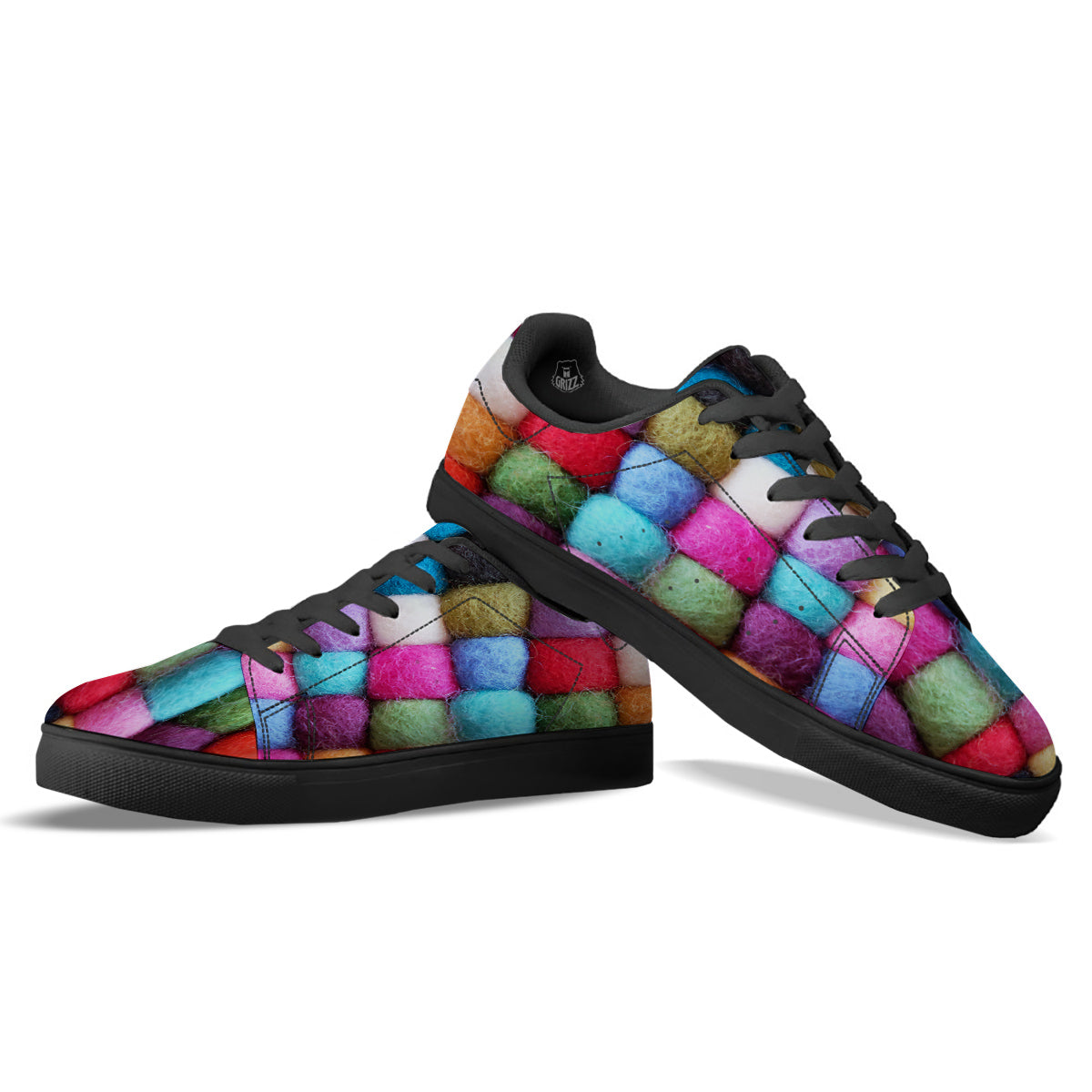 Wool Yarns Colorful Print Black Low Top Sneakers-grizzshop