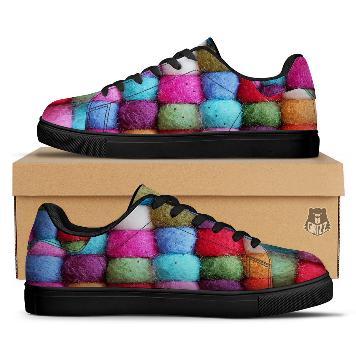 Wool Yarns Colorful Print Black Low Top Sneakers-grizzshop