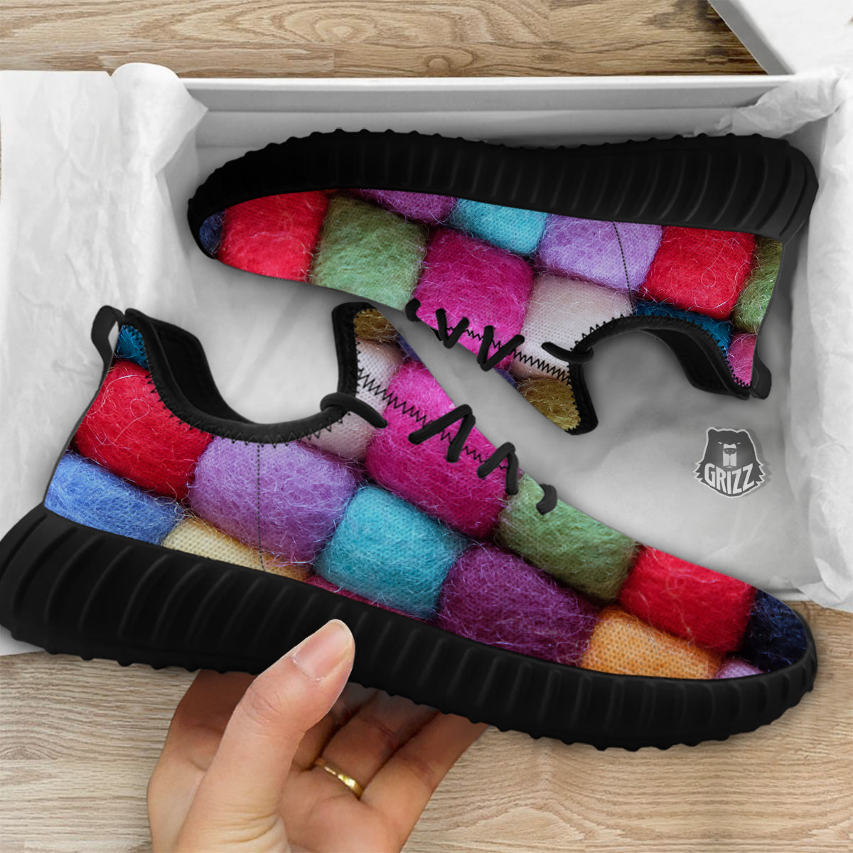 Wool Yarns Colorful Print Black Walking Shoes-grizzshop