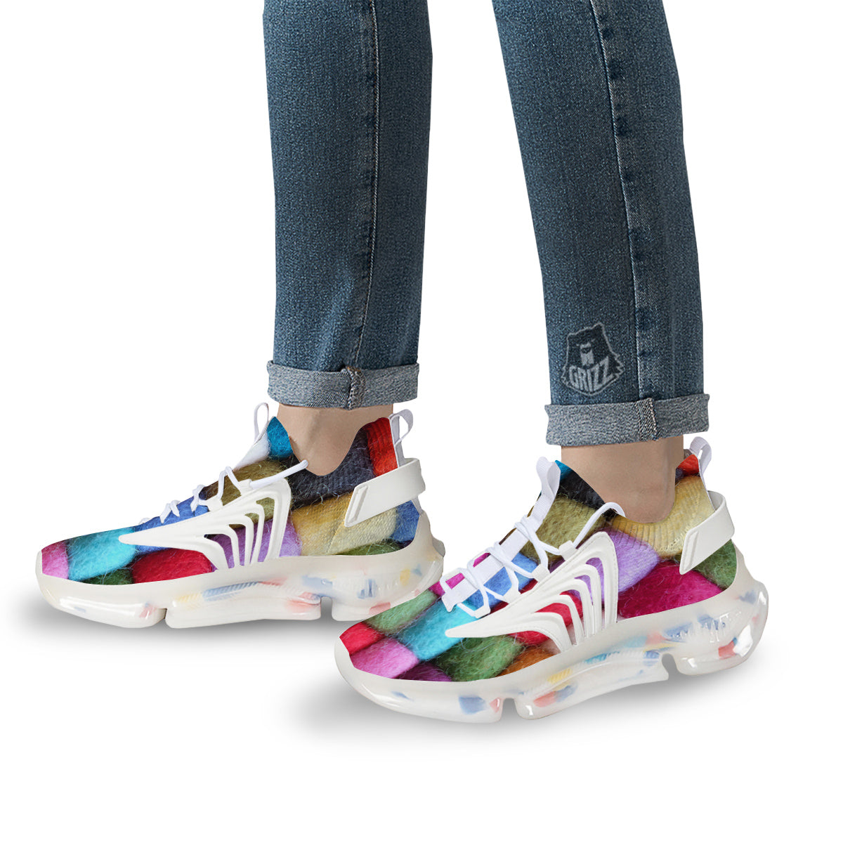 Wool Yarns Colorful Print White Gym Shoes-grizzshop