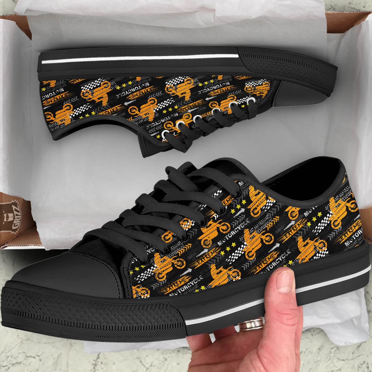 Words Motorcycle Print Pattern Black Low Top Shoes-grizzshop