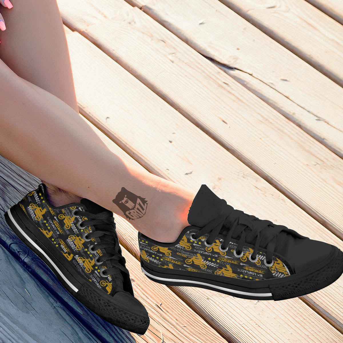 Words Motorcycle Print Pattern Black Low Top Shoes-grizzshop