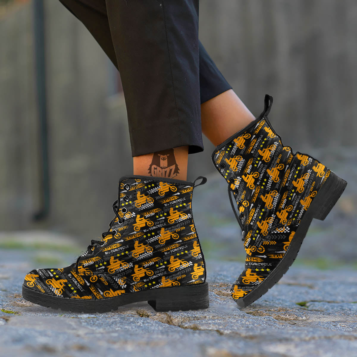 Words Motorcycle Print Pattern Leather Boots-grizzshop