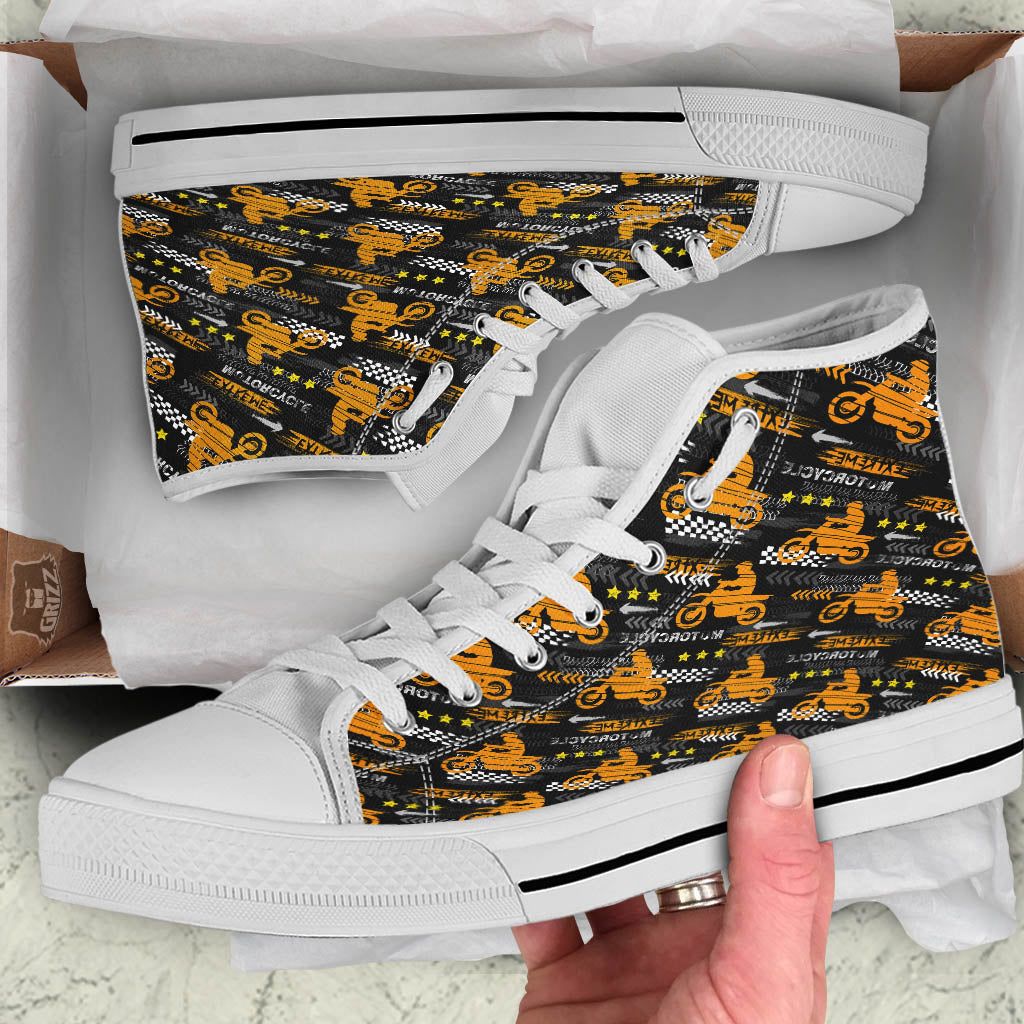 Words Motorcycle Print Pattern White High Top Shoes-grizzshop