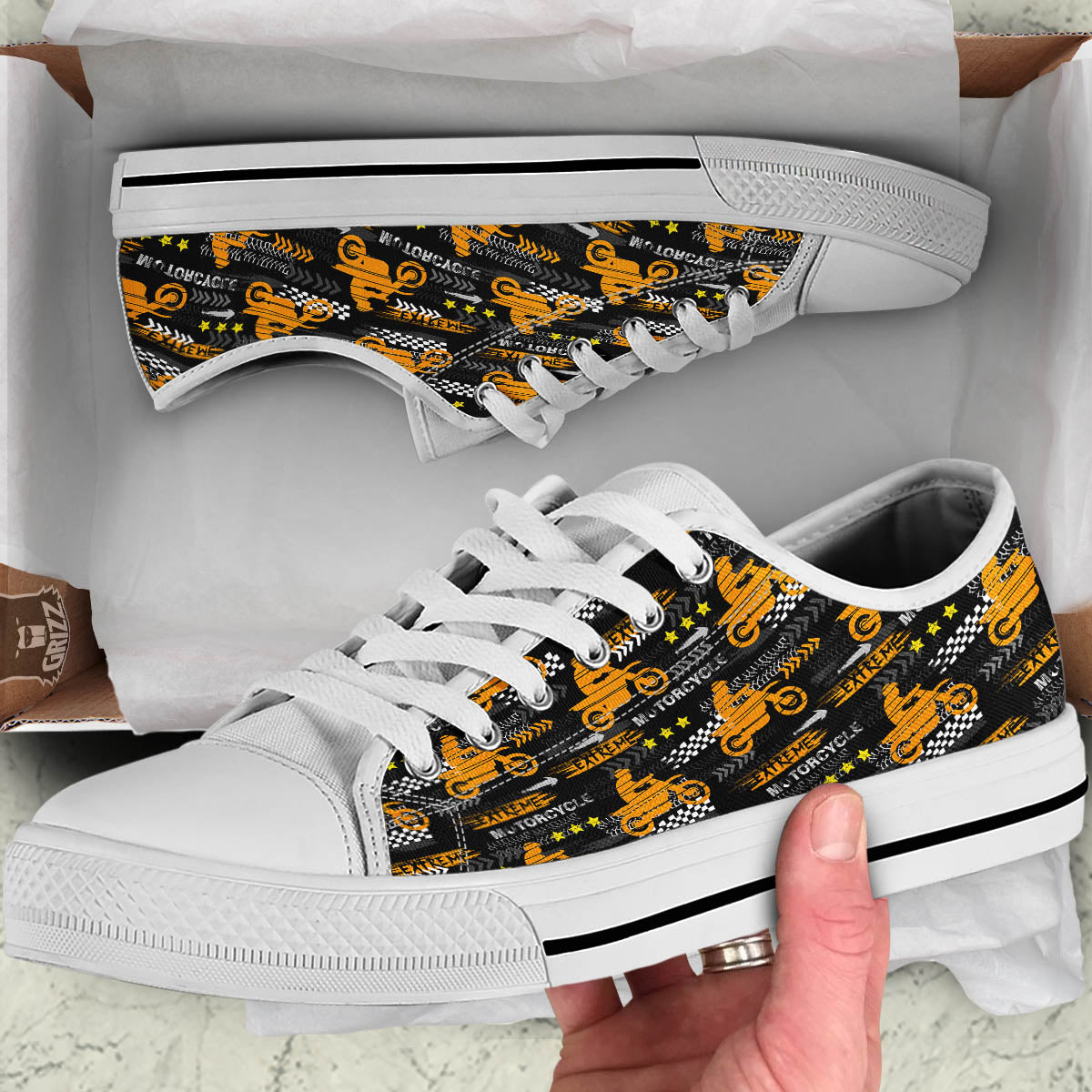 Words Motorcycle Print Pattern White Low Top Shoes-grizzshop