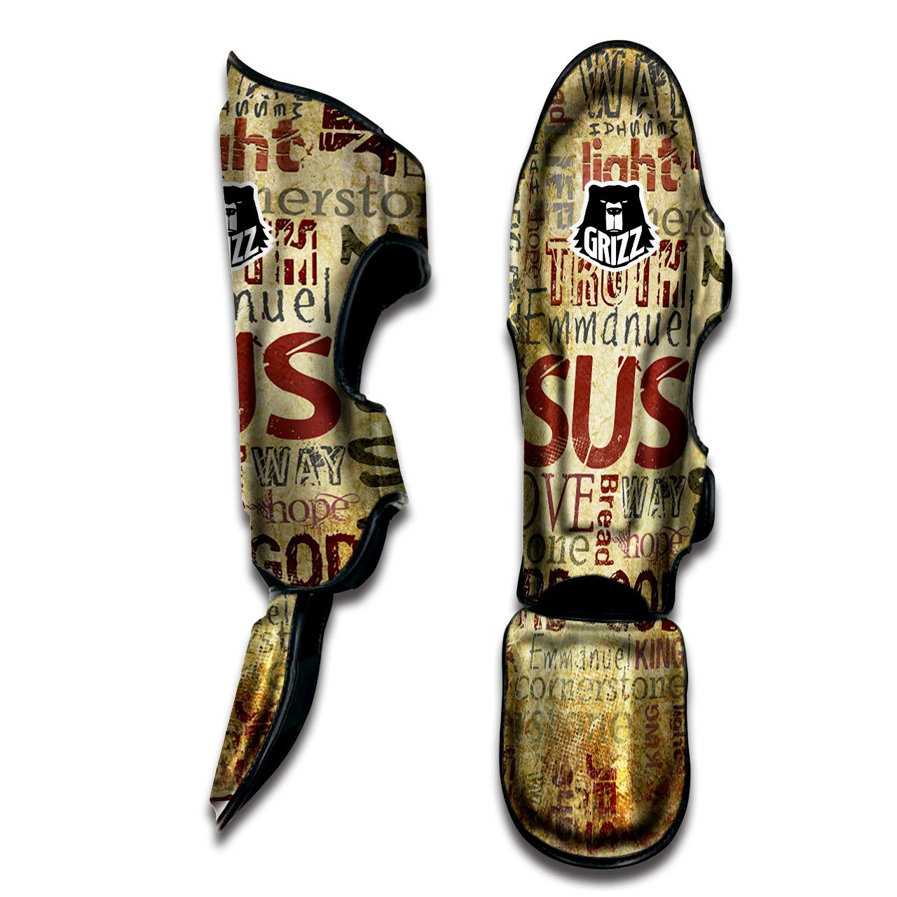 Words Old Religious Print Muay Thai Shin Guards-grizzshop