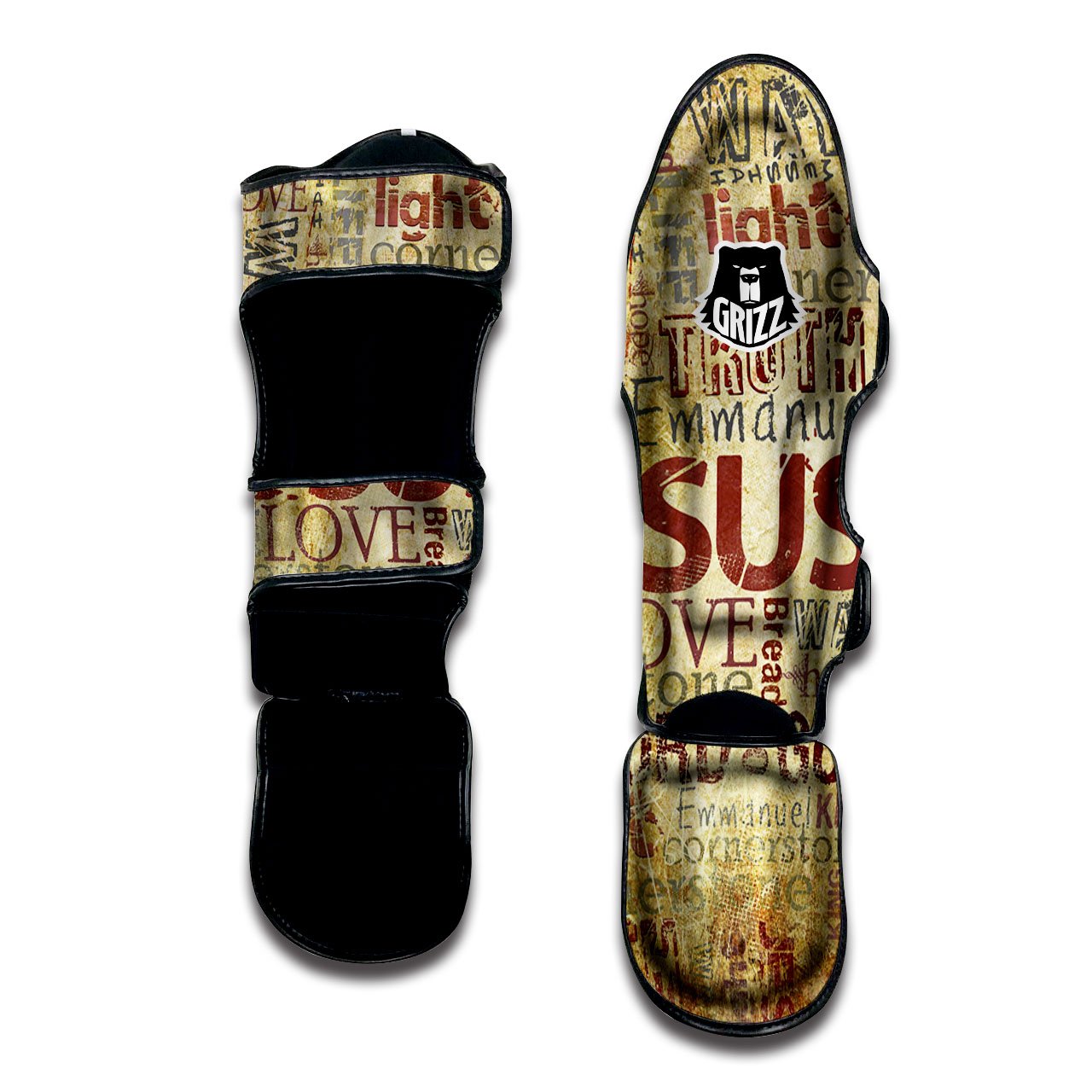 Words Old Religious Print Muay Thai Shin Guards-grizzshop