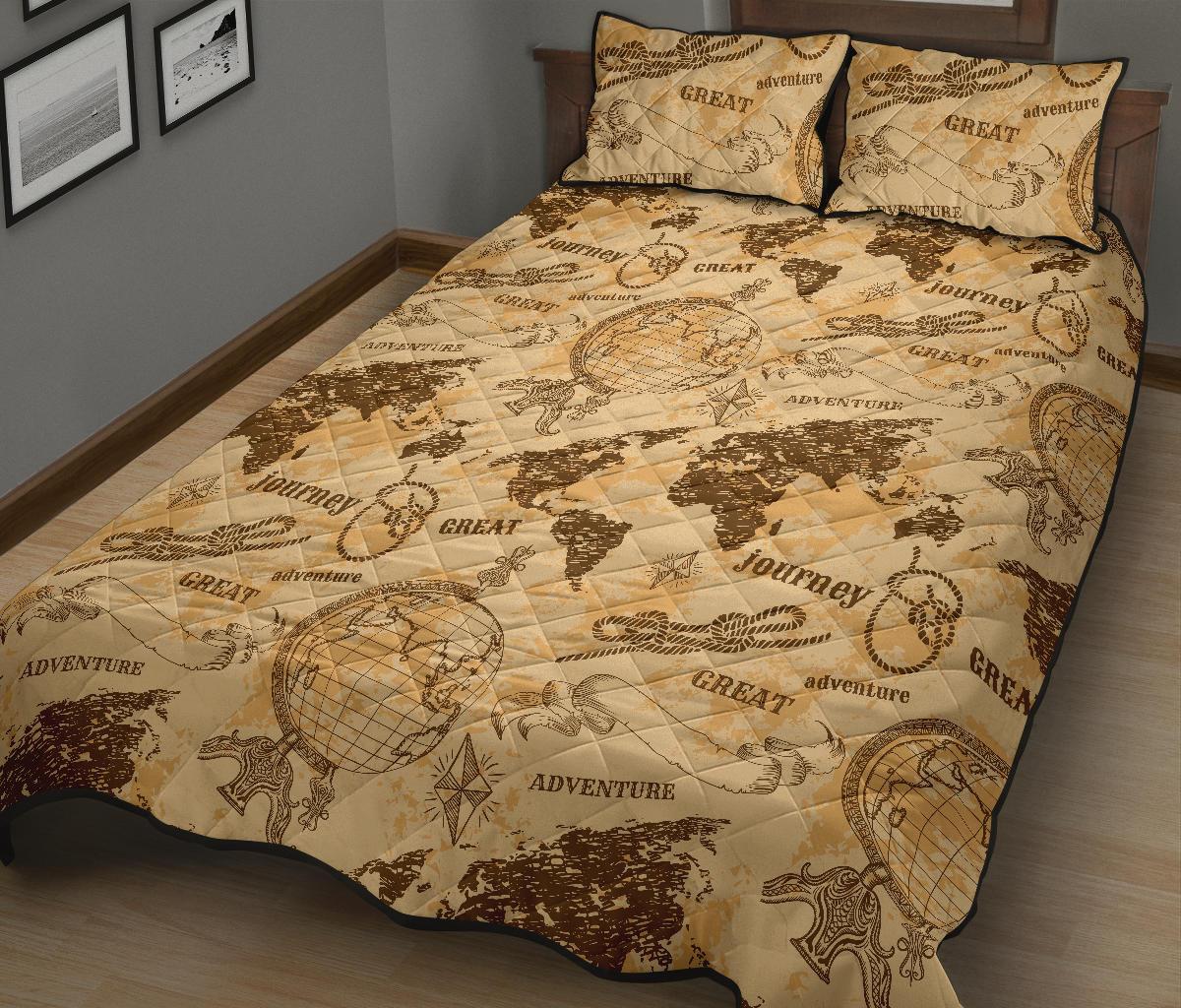 World Map Pattern Print Bed Set Quilt-grizzshop