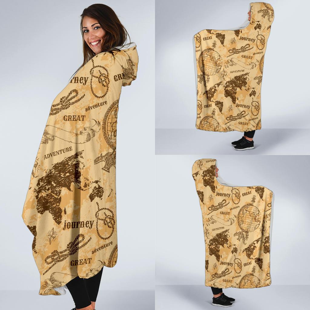 World Map Pattern Print Hooded Blanket-grizzshop