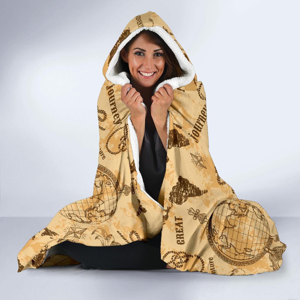 World Map Pattern Print Hooded Blanket-grizzshop