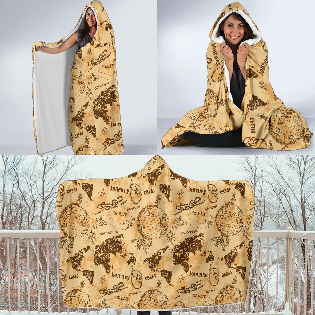 World Map Pattern Print Hooded Blanket-grizzshop