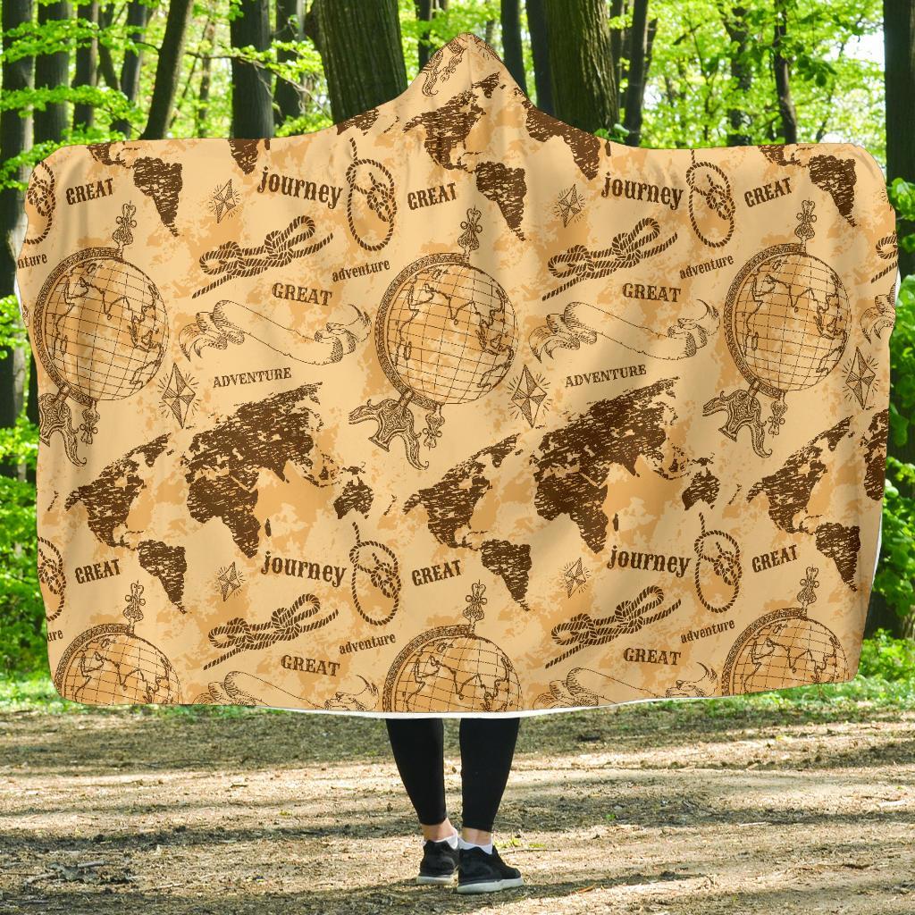 World Map Pattern Print Hooded Blanket-grizzshop