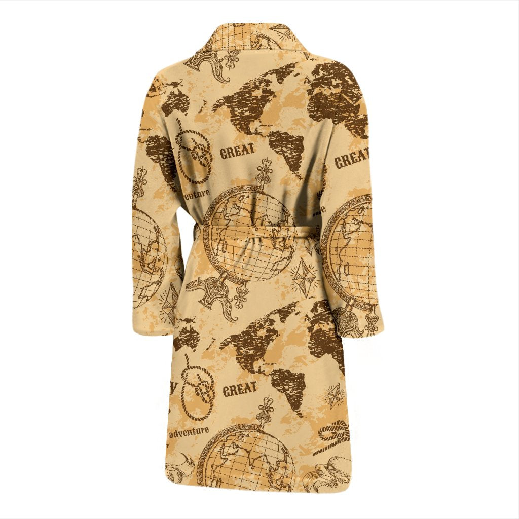 World Map Pattern Print Men Long Robe-grizzshop