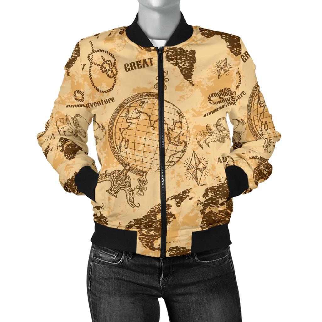 World Map Pattern Print Women Casual Bomber Jacket-grizzshop