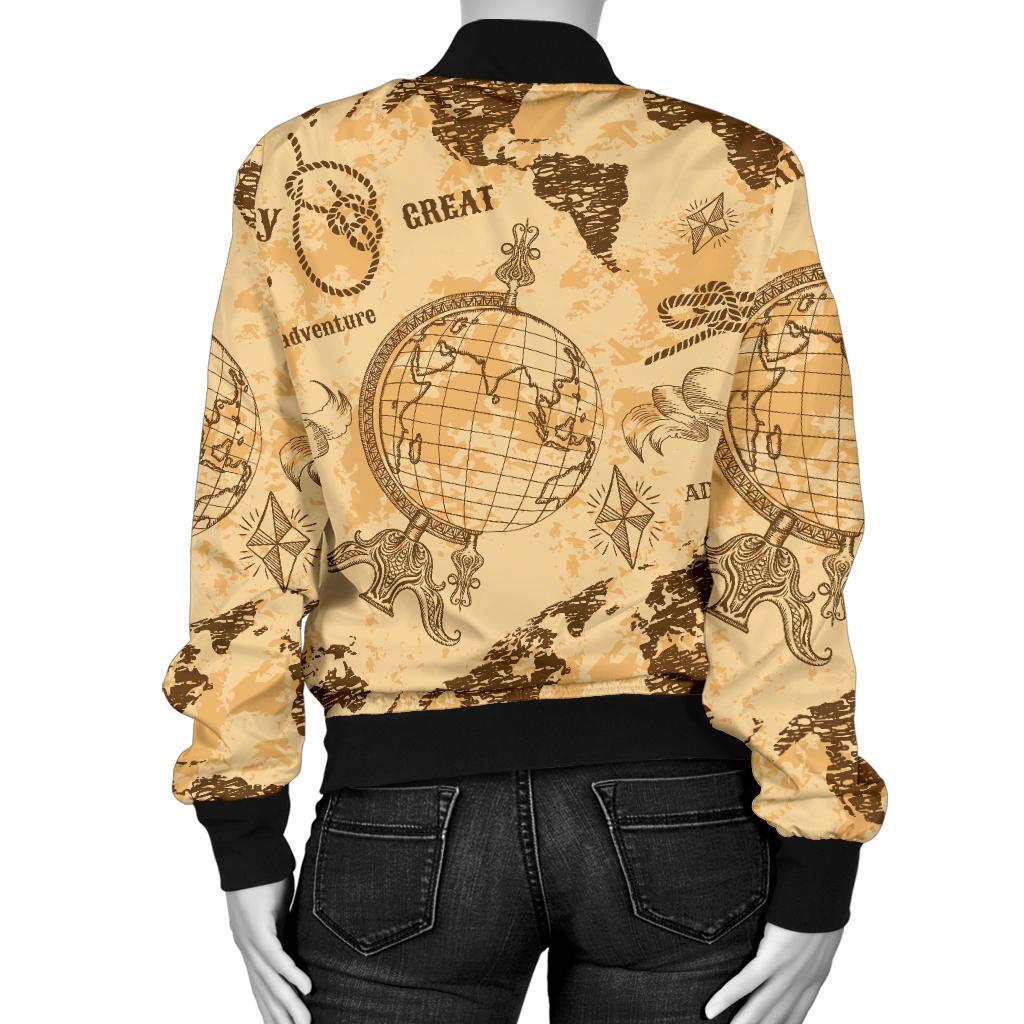 World Map Pattern Print Women Casual Bomber Jacket-grizzshop