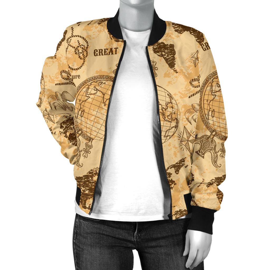 World Map Pattern Print Women Casual Bomber Jacket-grizzshop