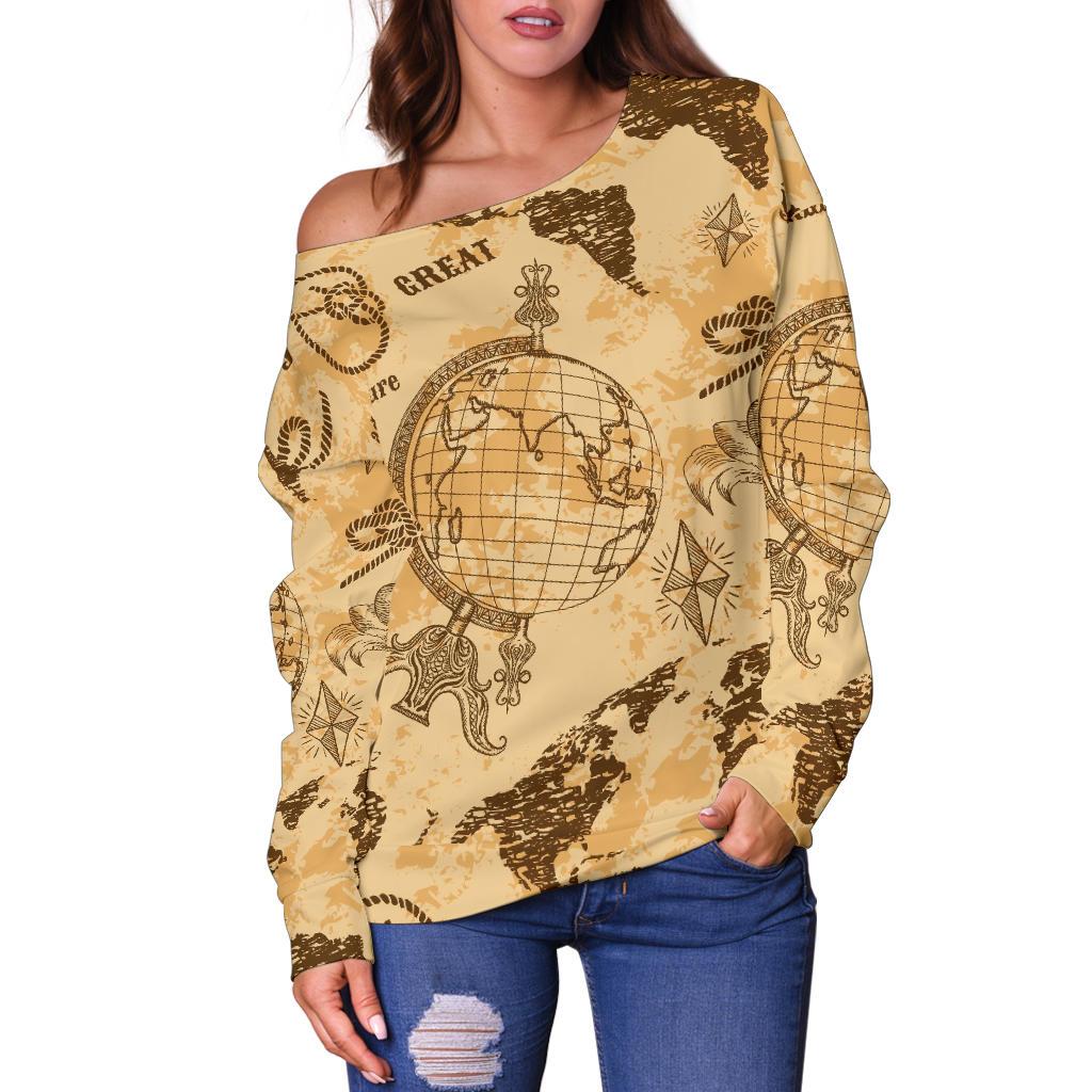 World Map Pattern Print Women Off Shoulder Sweatshirt-grizzshop