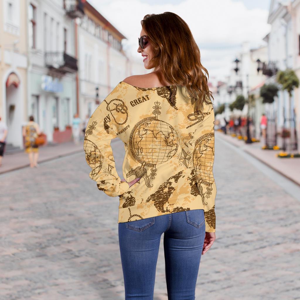 World Map Pattern Print Women Off Shoulder Sweatshirt-grizzshop