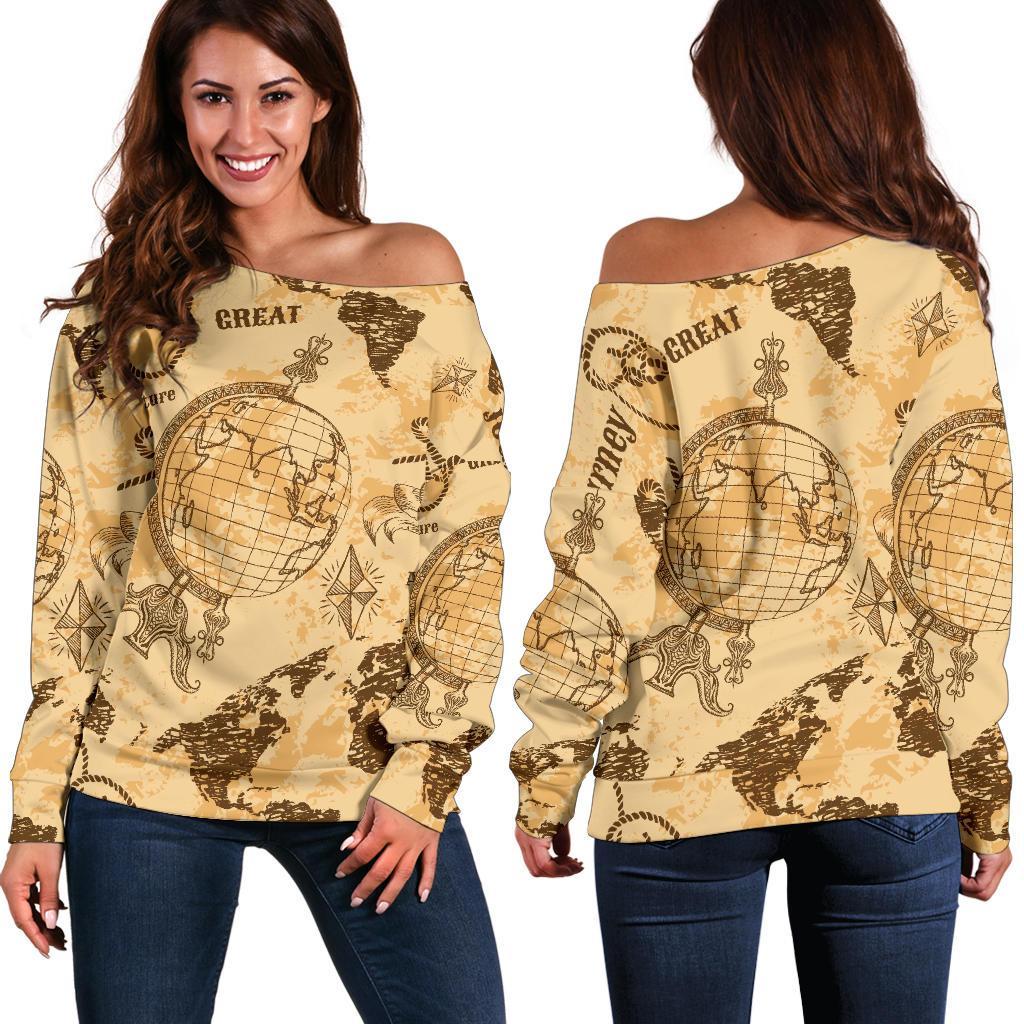 World Map Pattern Print Women Off Shoulder Sweatshirt-grizzshop