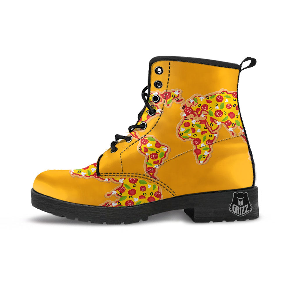 World Map Pizza Print Leather Boots-grizzshop