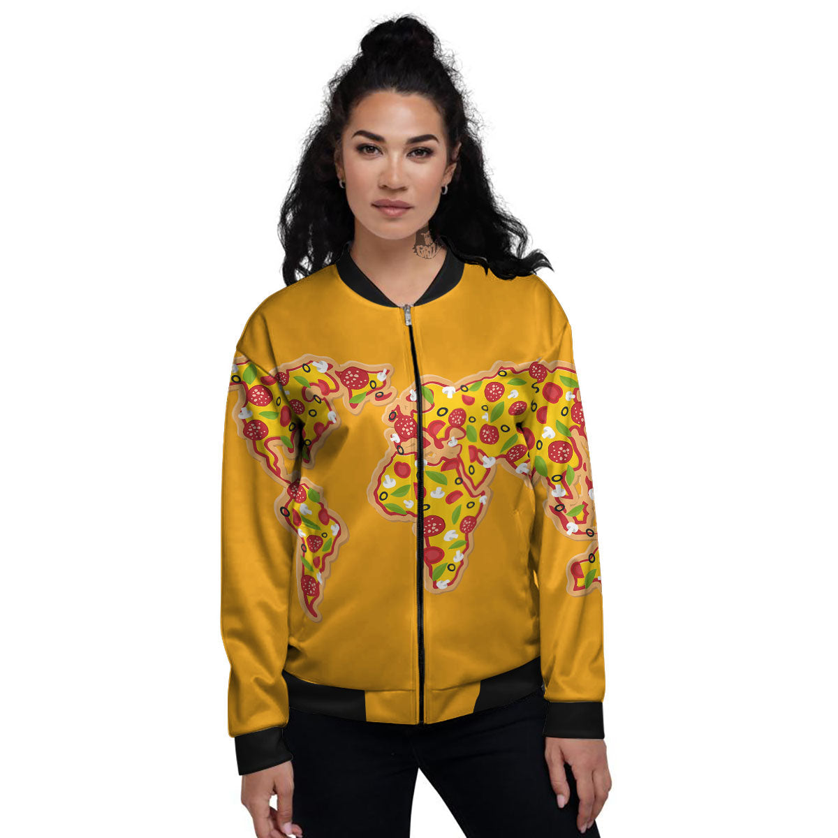 World Map Pizza Print Women's Bomber Jacket-grizzshop