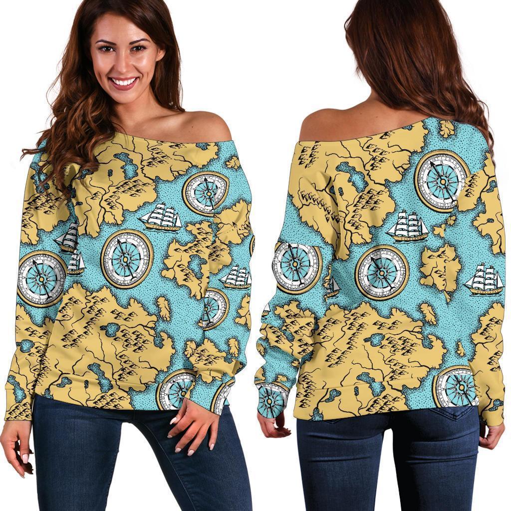 World Map Print Pattern Women Off Shoulder Sweatshirt-grizzshop