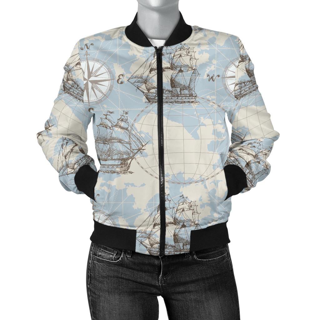 World Print Map Pattern Women Casual Bomber Jacket-grizzshop