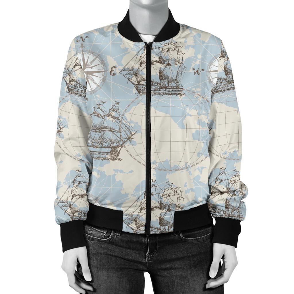 World Print Map Pattern Women Casual Bomber Jacket-grizzshop