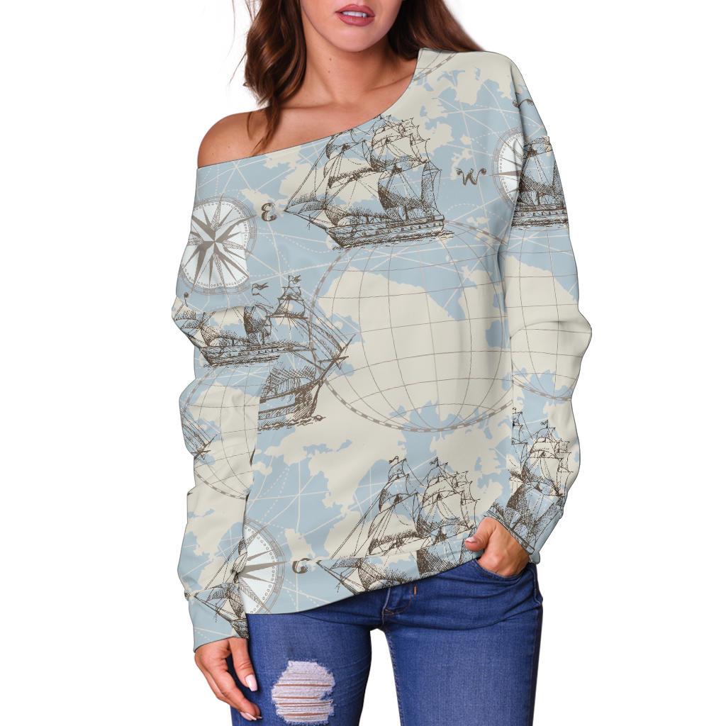 World Print Map Pattern Women Off Shoulder Sweatshirt-grizzshop