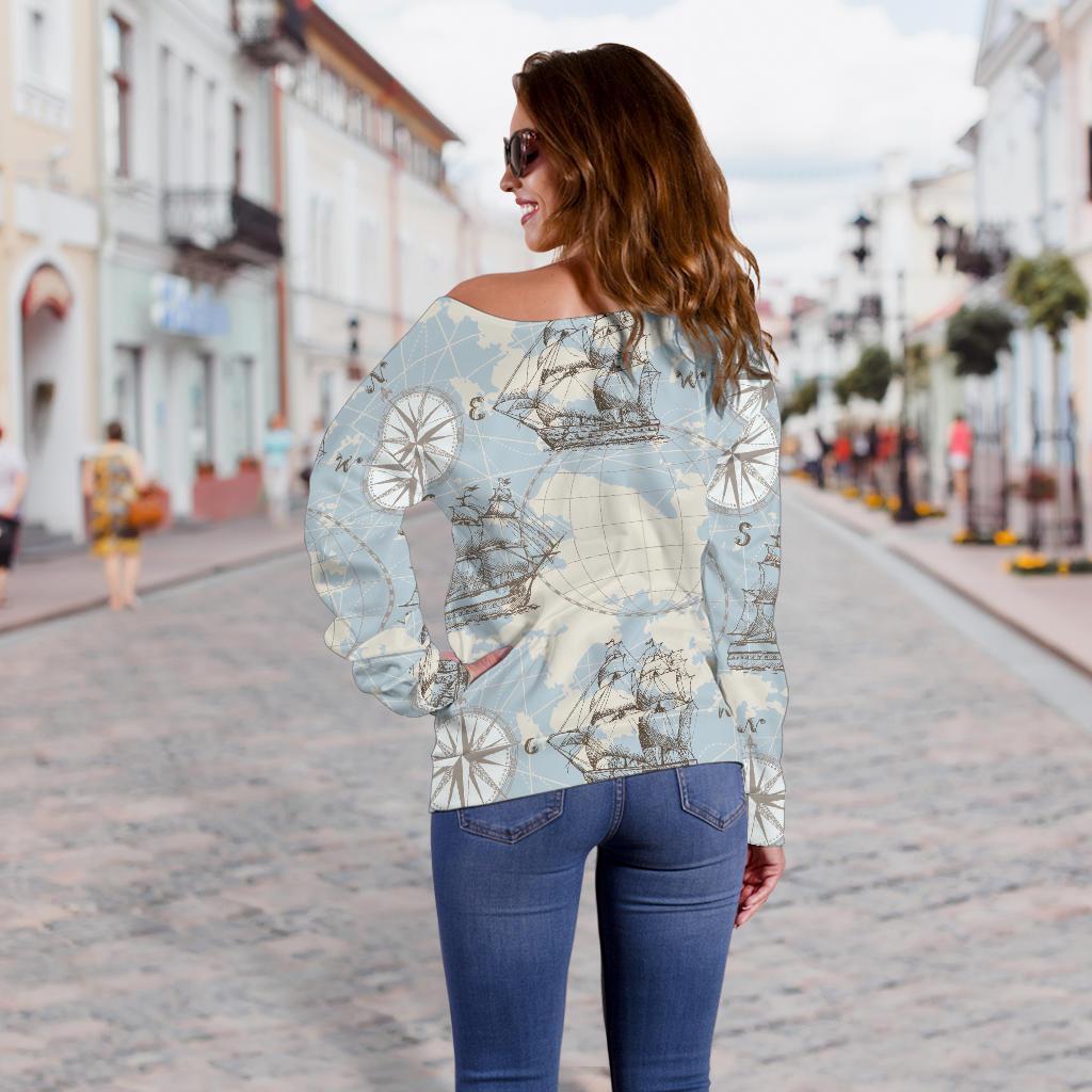 World Print Map Pattern Women Off Shoulder Sweatshirt-grizzshop