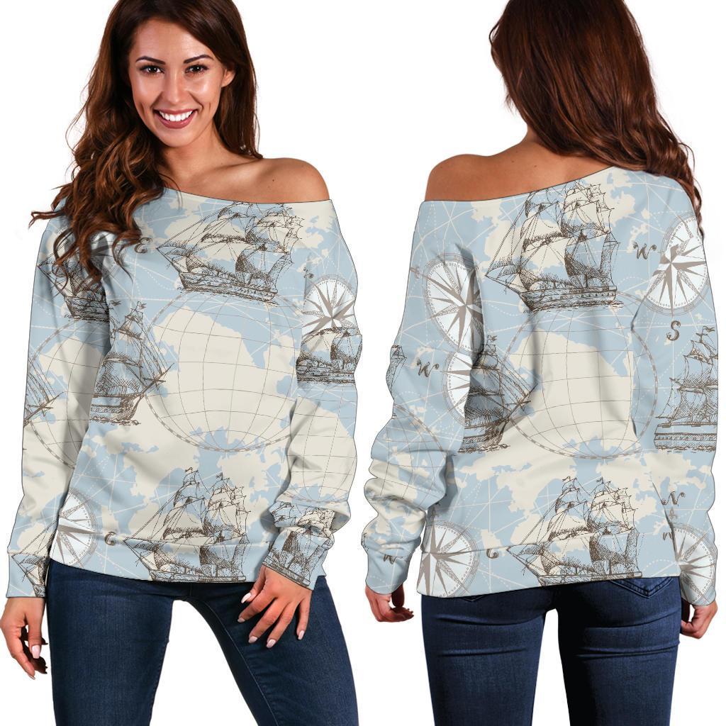 World Print Map Pattern Women Off Shoulder Sweatshirt-grizzshop