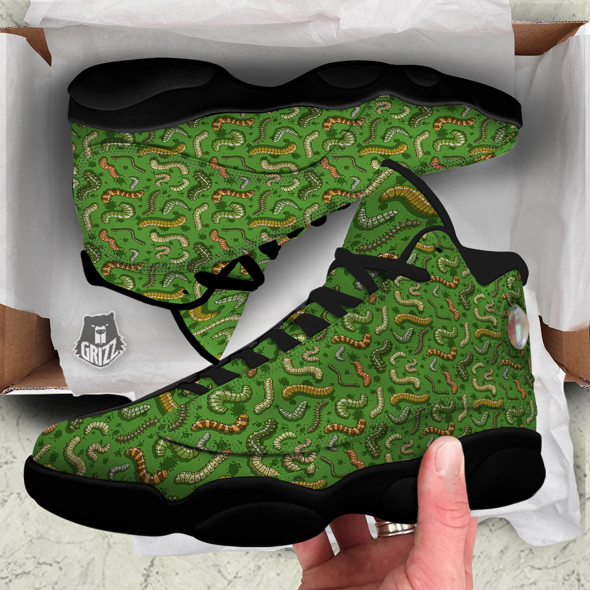 Worm Insect Green Print Pattern Black Basketball Shoes-grizzshop