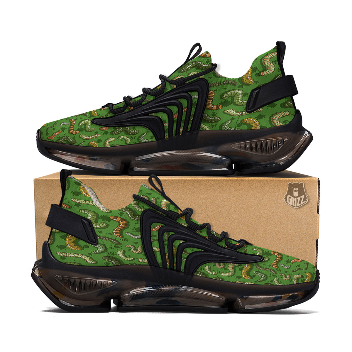 Worm Insect Green Print Pattern Black Gym Shoes-grizzshop