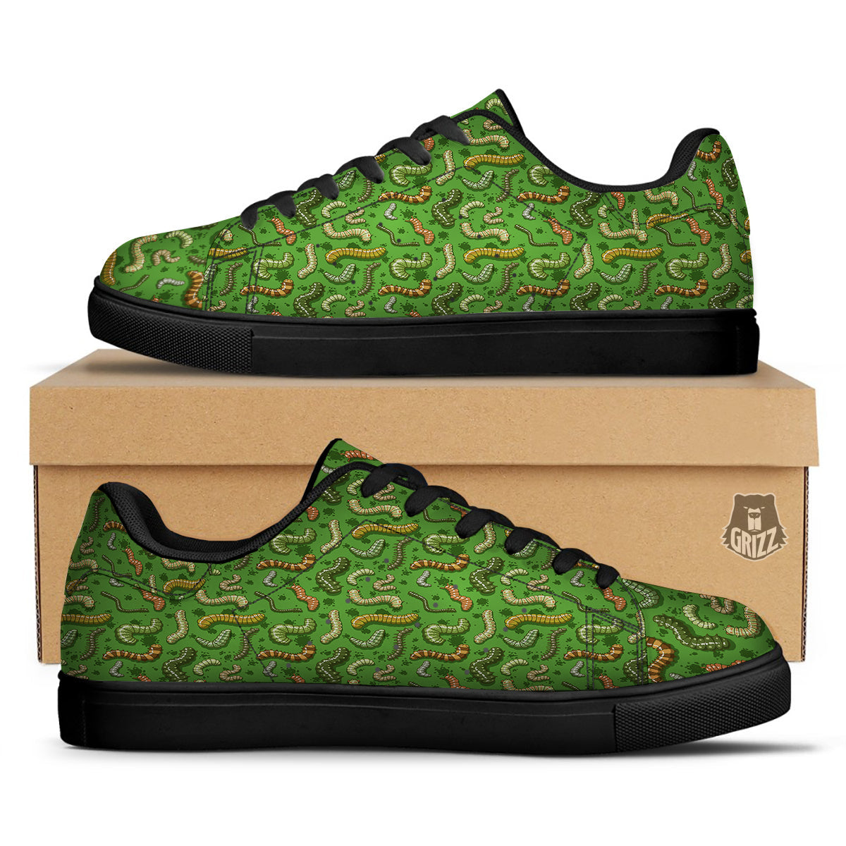 Worm Insect Green Print Pattern Black Low Top Sneakers-grizzshop