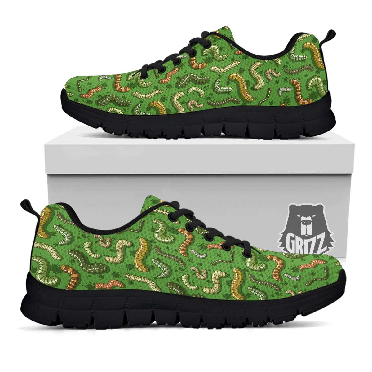 Worm Insect Green Print Pattern Black Sneaker-grizzshop