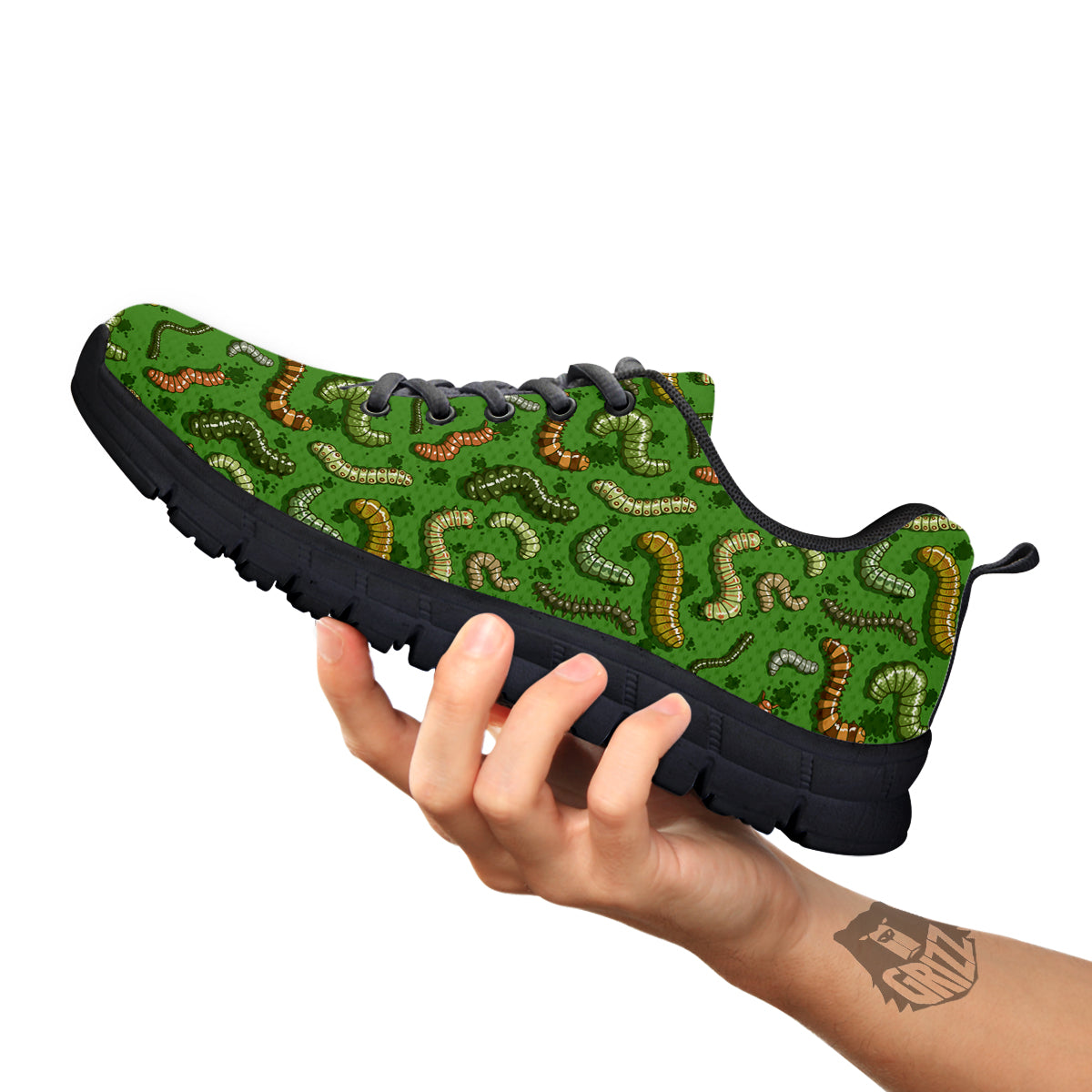 Worm Insect Green Print Pattern Black Sneaker-grizzshop