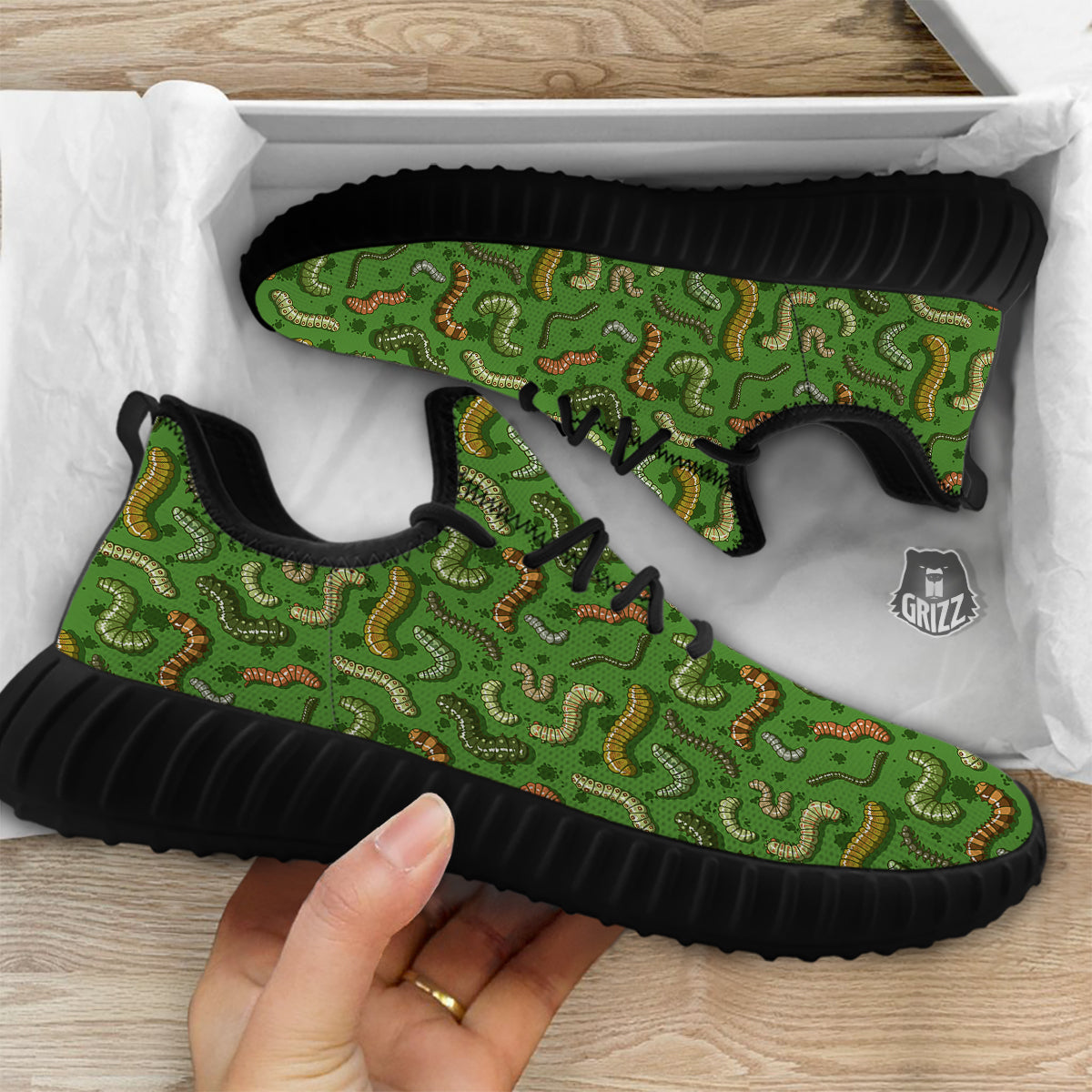 Worm Insect Green Print Pattern Black Walking Shoes-grizzshop