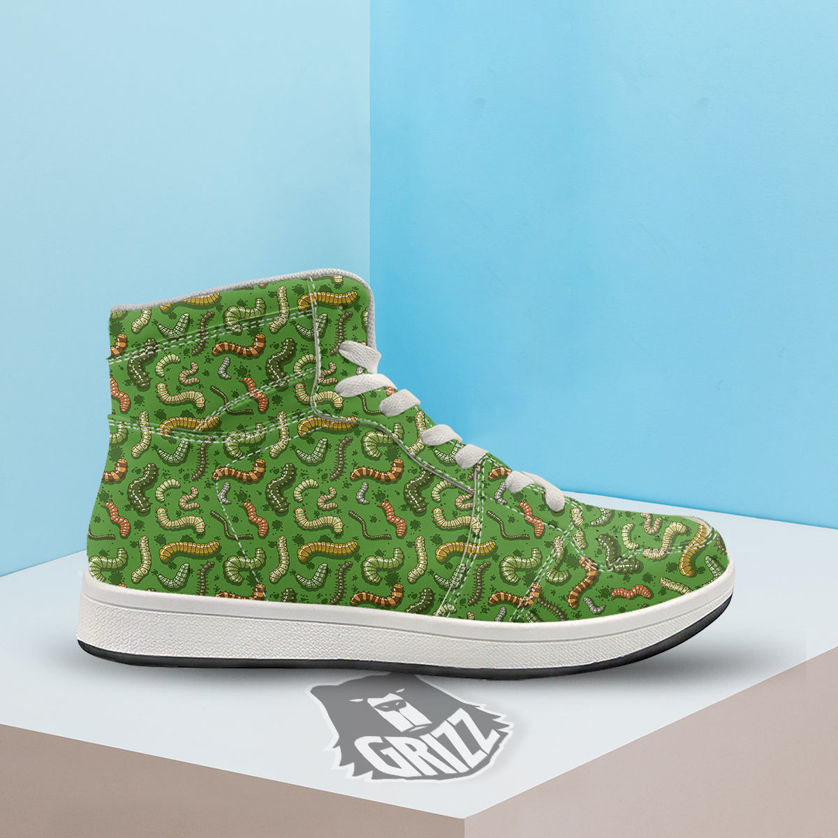 Worm Insect Green Print Pattern High Top Sneakers-grizzshop