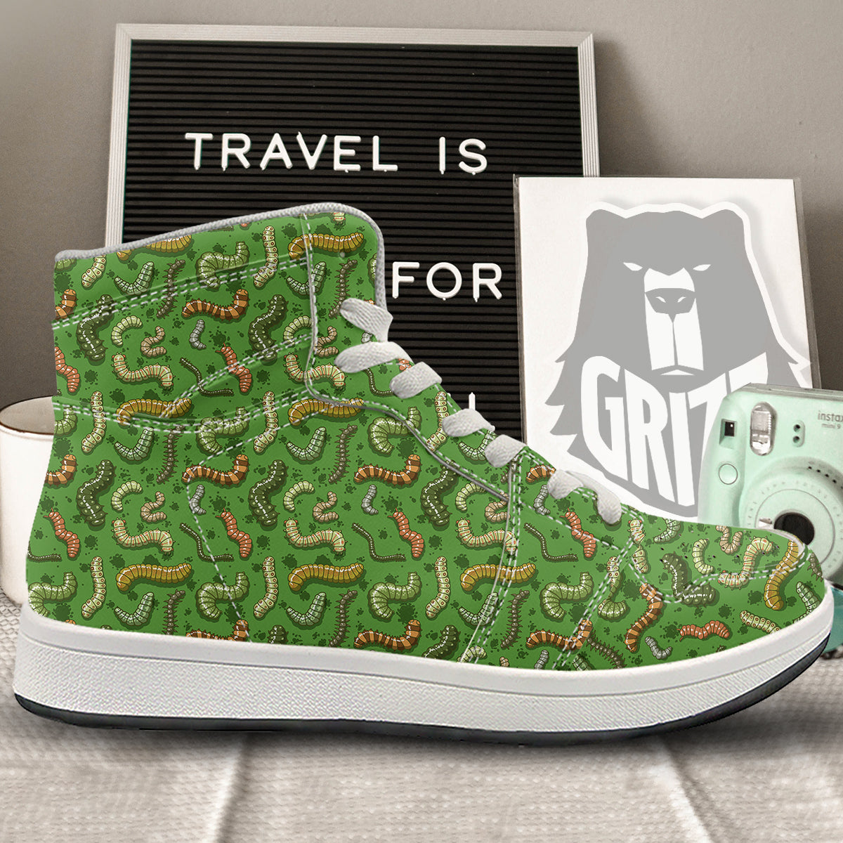 Worm Insect Green Print Pattern High Top Sneakers-grizzshop