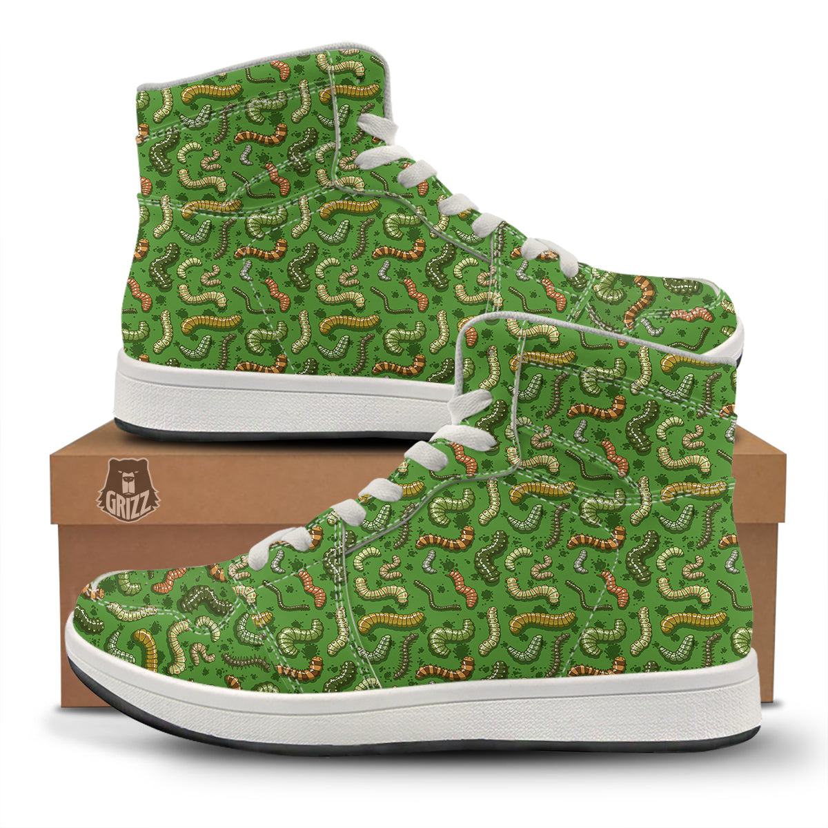 Worm Insect Green Print Pattern High Top Sneakers-grizzshop