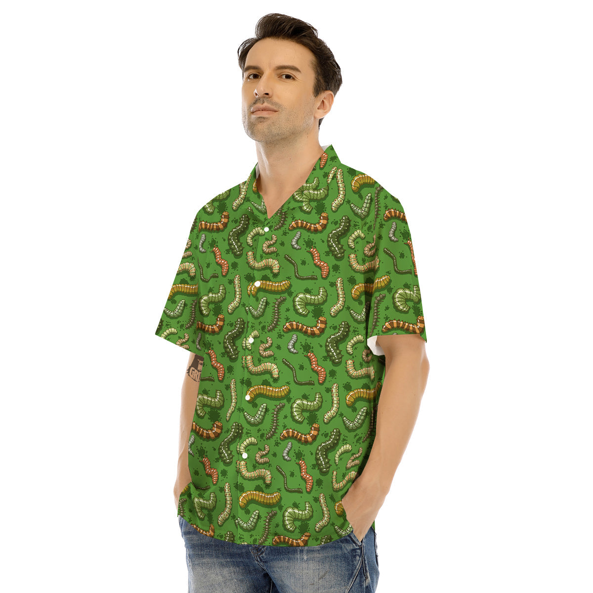 Worm Insect Green Print Pattern Men's Hawaiian Shirt-grizzshop