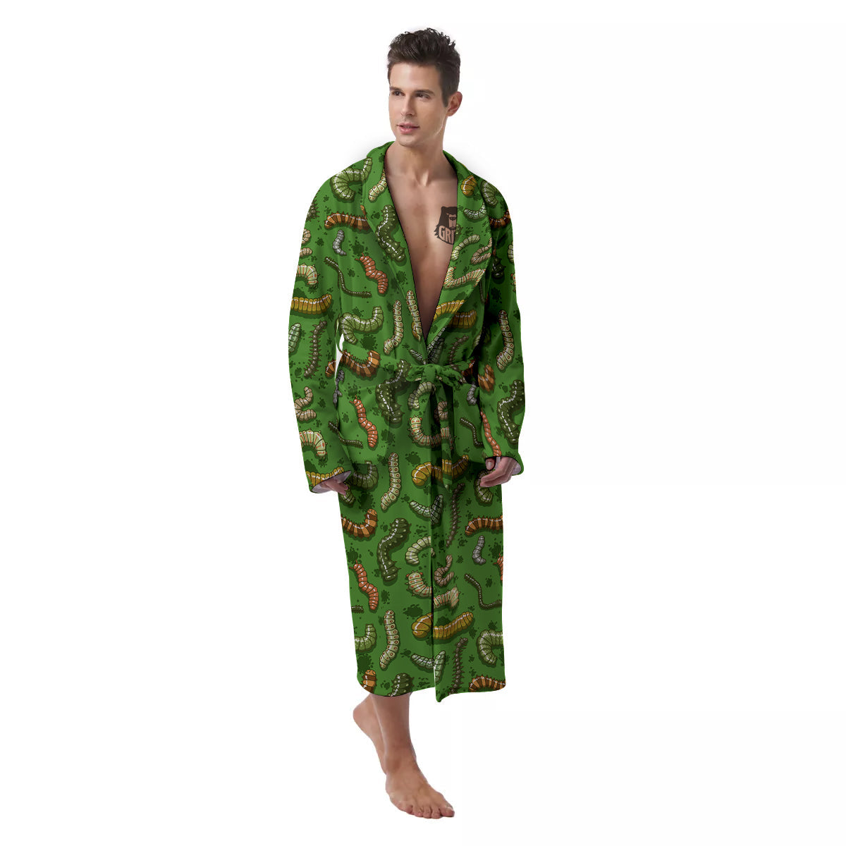 Worm Insect Green Print Pattern Men's Robe-grizzshop