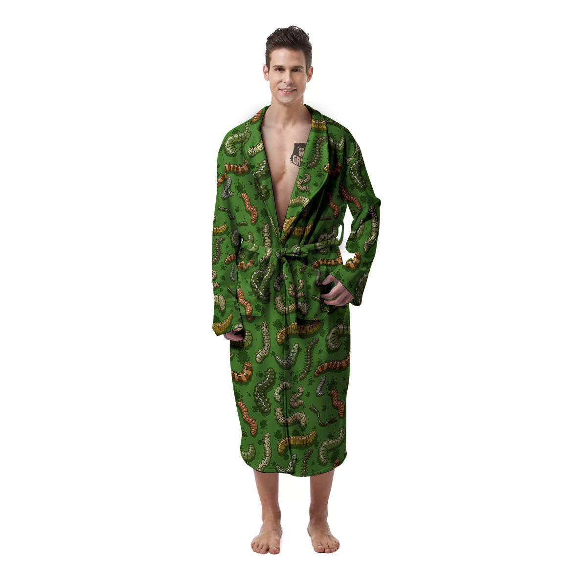 Worm Insect Green Print Pattern Men's Robe-grizzshop